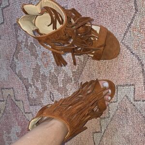 Brown Fringe Sandal Heels